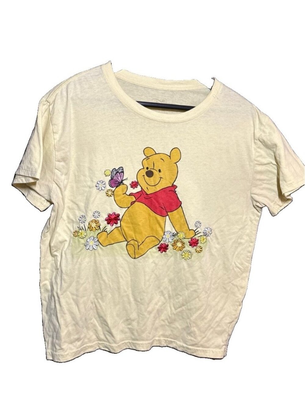 Winnie the pooh womens Tee shirt XL yellow disney embroidered floral FADED LABEL